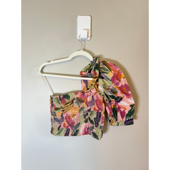 ZARA • One Shoulder Smocked Floral Puff Sleeve Boho Crop Top XS - Picture 7 of 7